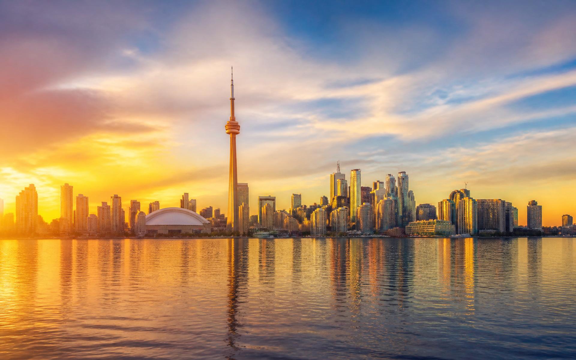 Toronto skyline at sunset with CN Tower
